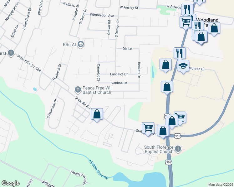 map of restaurants, bars, coffee shops, grocery stores, and more near 812 Chaucer Drive in Florence