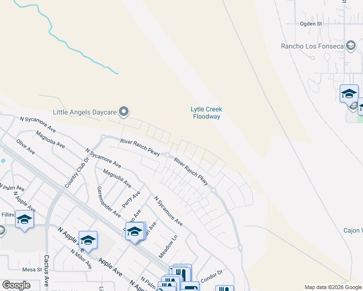 map of restaurants, bars, coffee shops, grocery stores, and more near 355 East Country Club Drive in Rialto