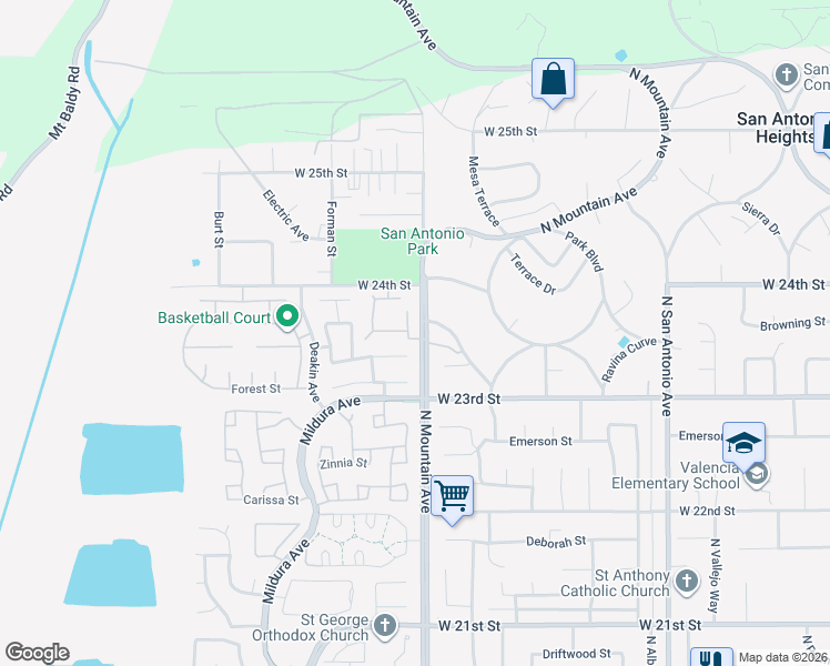 map of restaurants, bars, coffee shops, grocery stores, and more near 2358 Walnut Avenue in Upland