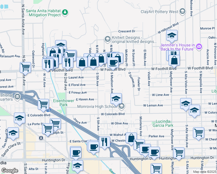 map of restaurants, bars, coffee shops, grocery stores, and more near 225 South Madison Avenue in Monrovia
