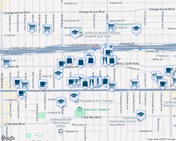 map of restaurants, bars, coffee shops, grocery stores, and more near 165 North Bonnie Avenue in Pasadena