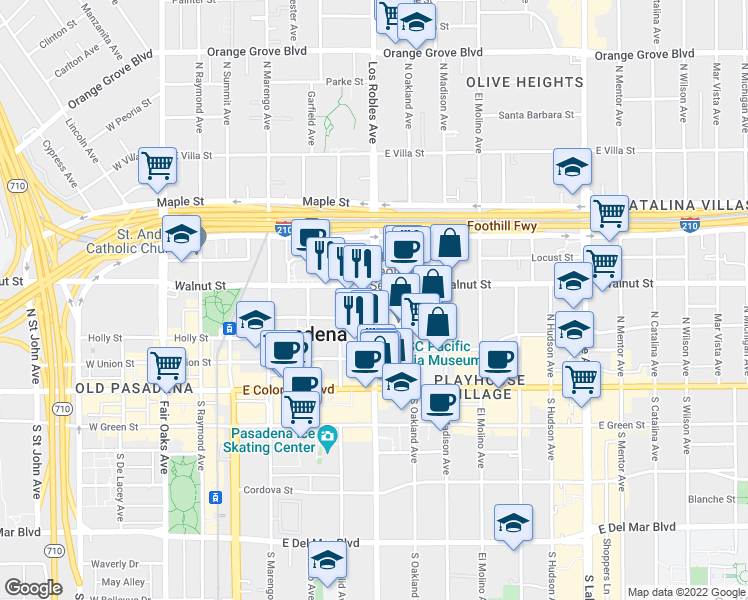map of restaurants, bars, coffee shops, grocery stores, and more near 135 North Los Robles Avenue in Pasadena