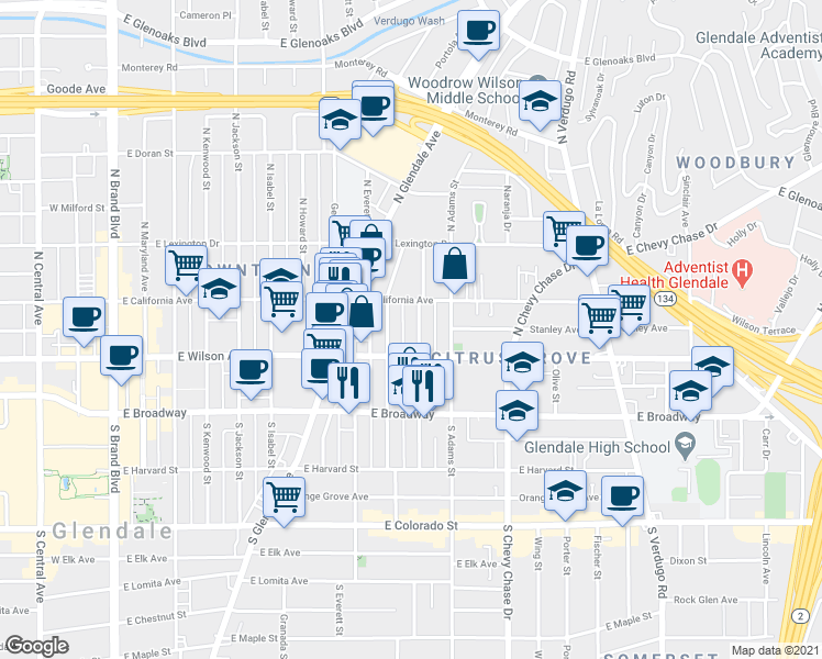 map of restaurants, bars, coffee shops, grocery stores, and more near 221 North Belmont Street in Glendale