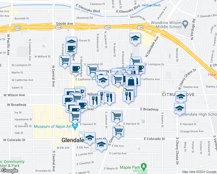 map of restaurants, bars, coffee shops, grocery stores, and more near 225 North Isabel Street in Glendale
