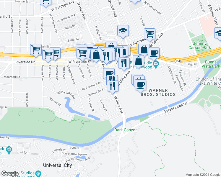 map of restaurants, bars, coffee shops, grocery stores, and more near 4111 North Pass Avenue in Burbank