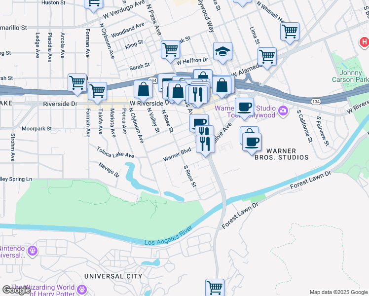 map of restaurants, bars, coffee shops, grocery stores, and more near 4129 Warner Boulevard in Burbank