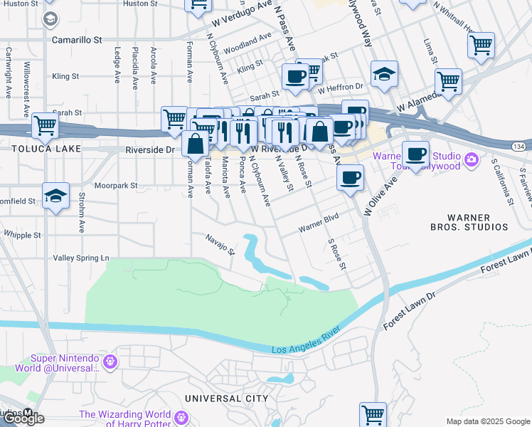 map of restaurants, bars, coffee shops, grocery stores, and more near 4322 Ponca Avenue in Los Angeles