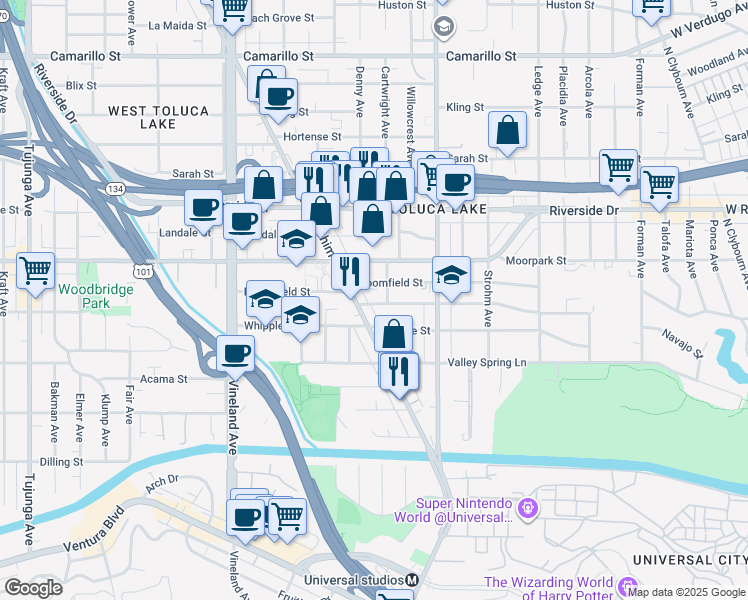map of restaurants, bars, coffee shops, grocery stores, and more near 10657 Woodbridge Street in Los Angeles