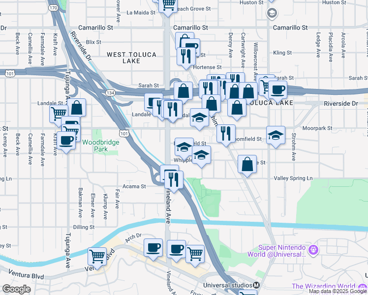 map of restaurants, bars, coffee shops, grocery stores, and more near 10942 Bloomfield Street in Los Angeles