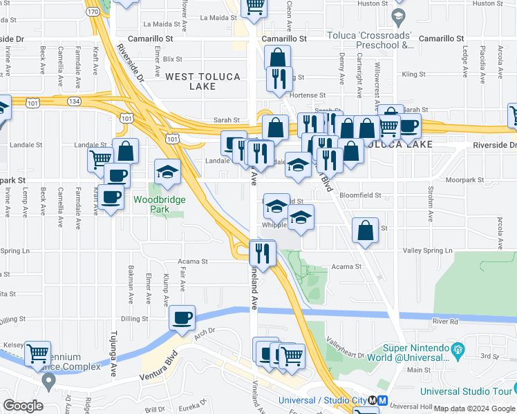 map of restaurants, bars, coffee shops, grocery stores, and more near 10942 Bloomfield Street in Los Angeles