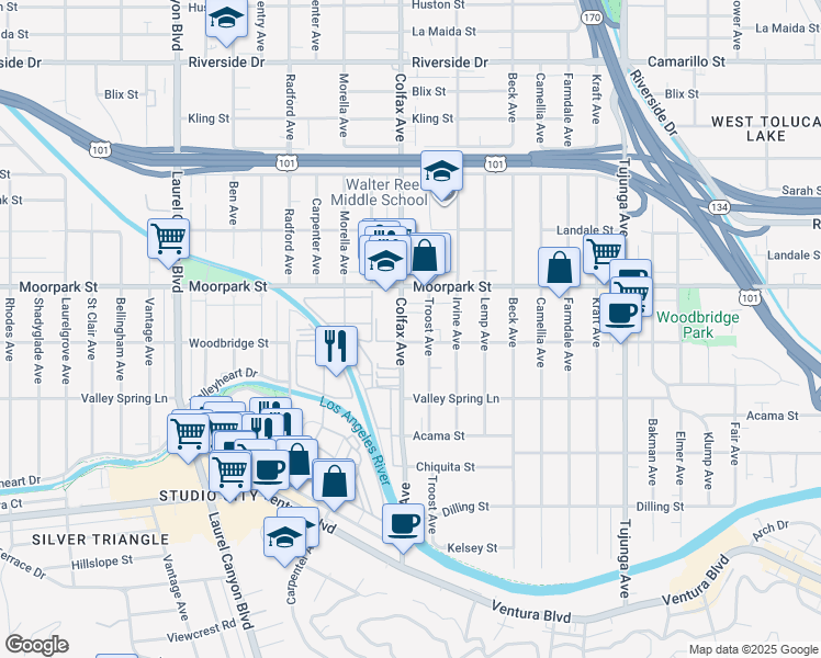 map of restaurants, bars, coffee shops, grocery stores, and more near 4356 Colfax Avenue in Los Angeles