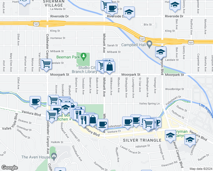 map of restaurants, bars, coffee shops, grocery stores, and more near 4307 Whitsett Avenue in Los Angeles