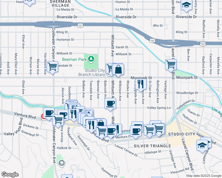 map of restaurants, bars, coffee shops, grocery stores, and more near 4307 Whitsett Avenue in Los Angeles