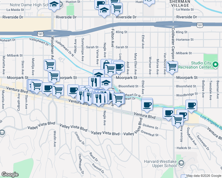 map of restaurants, bars, coffee shops, grocery stores, and more near 4320 Dixie Canyon Avenue in Los Angeles
