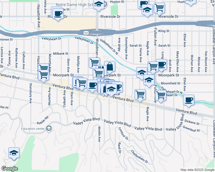 map of restaurants, bars, coffee shops, grocery stores, and more near 4346 Ventura Canyon Avenue in Los Angeles