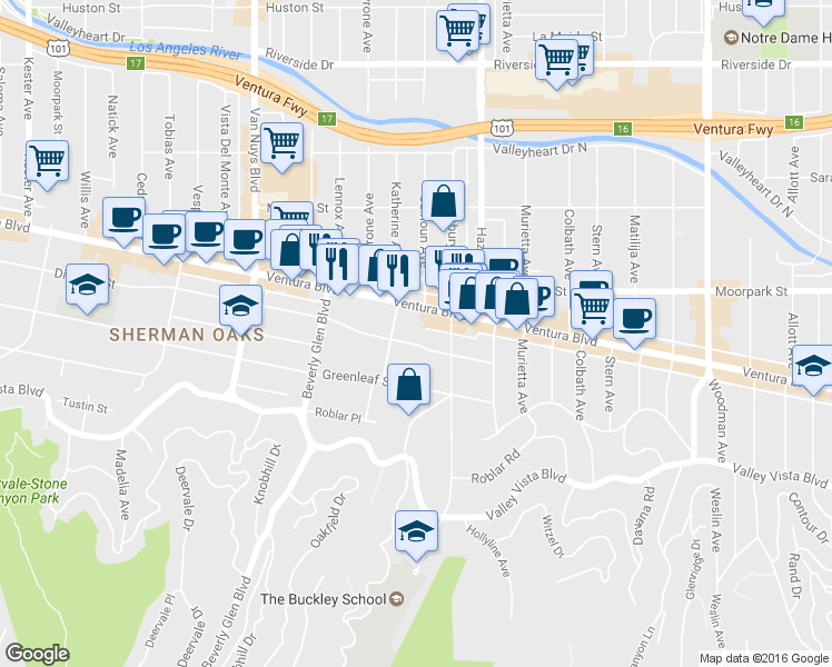 map of restaurants, bars, coffee shops, grocery stores, and more near 14225 Dickens Street in Los Angeles