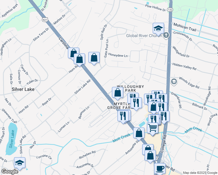 map of restaurants, bars, coffee shops, grocery stores, and more near 5031 Carolina Beach Road in Wilmington