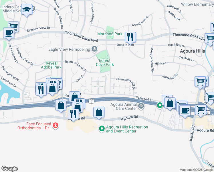 map of restaurants, bars, coffee shops, grocery stores, and more near 5334 Francisca Way in Agoura Hills