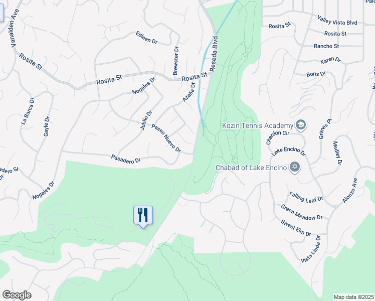 map of restaurants, bars, coffee shops, grocery stores, and more near 18611 Paseo Nuevo Drive in Los Angeles