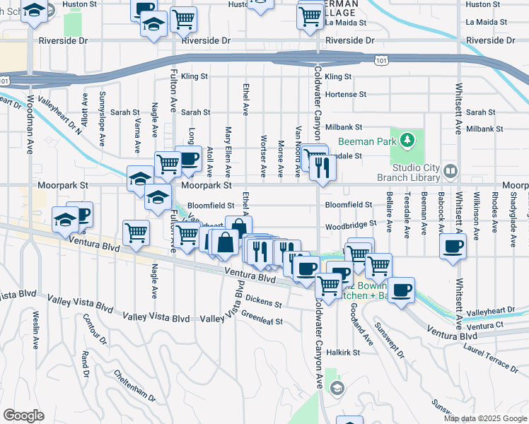 map of restaurants, bars, coffee shops, grocery stores, and more near 13040 Bloomfield Street in Los Angeles