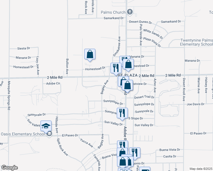 map of restaurants, bars, coffee shops, grocery stores, and more near 73562 Desert Trail Drive in Twentynine Palms