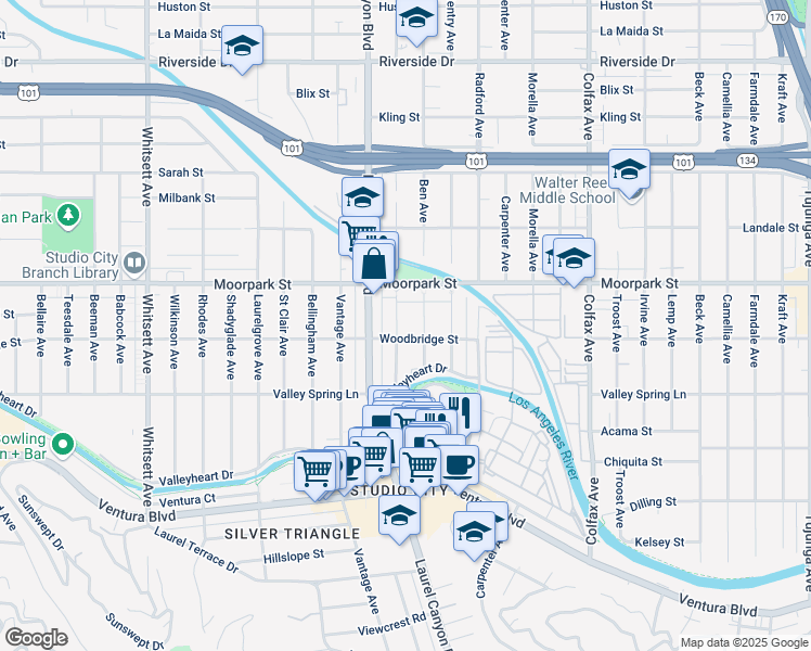 map of restaurants, bars, coffee shops, grocery stores, and more near 4312 Agnes Avenue in Los Angeles