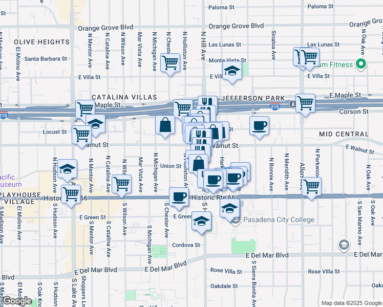 map of restaurants, bars, coffee shops, grocery stores, and more near 170 North Holliston Avenue in Pasadena