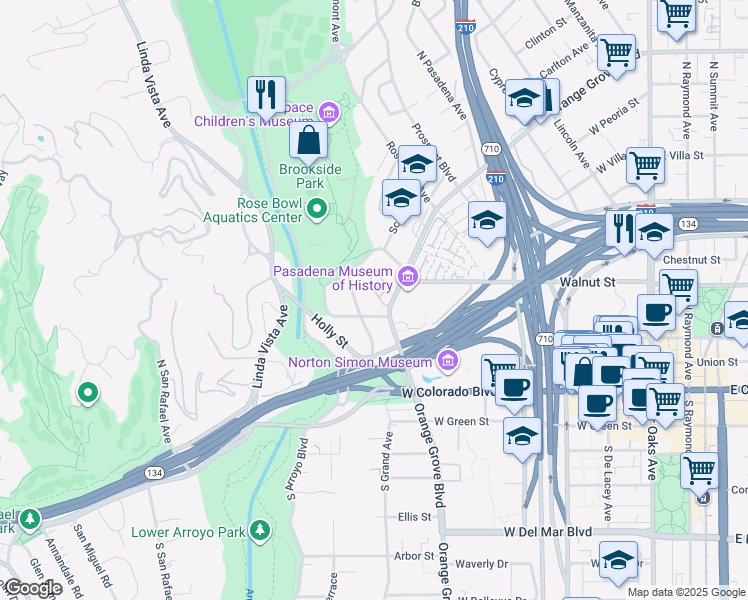 map of restaurants, bars, coffee shops, grocery stores, and more near 533 Continental Court in Pasadena