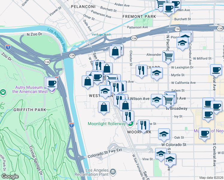 map of restaurants, bars, coffee shops, grocery stores, and more near 5300 San Fernando Road in Glendale