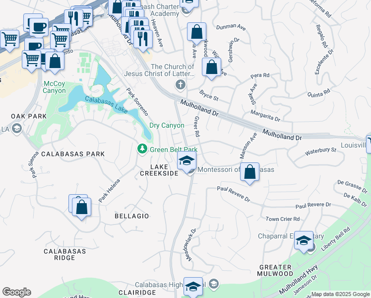 map of restaurants, bars, coffee shops, grocery stores, and more near 4337 Park Arroyo in Calabasas