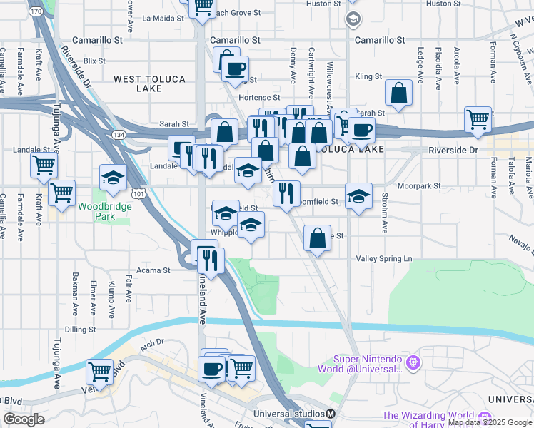 map of restaurants, bars, coffee shops, grocery stores, and more near 10834 Bloomfield Street in Los Angeles