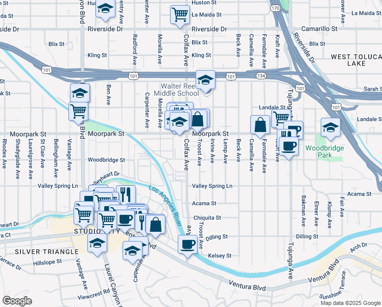 map of restaurants, bars, coffee shops, grocery stores, and more near 4356 Colfax Avenue in Los Angeles