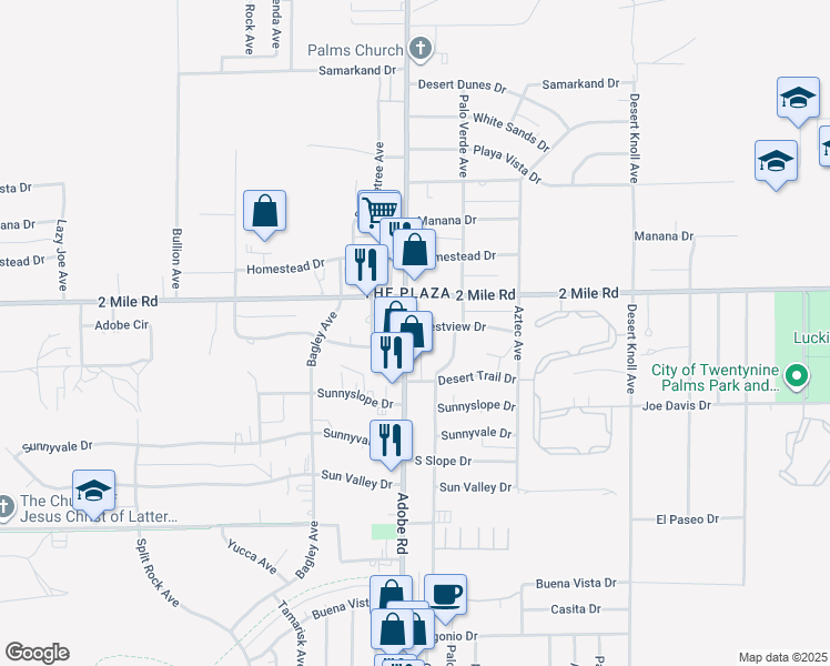 map of restaurants, bars, coffee shops, grocery stores, and more near Adobe Road in Twentynine Palms