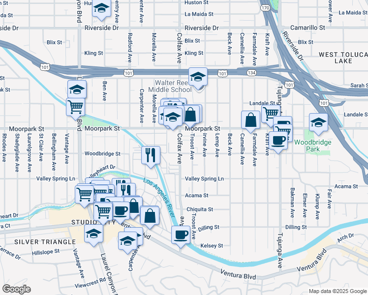 map of restaurants, bars, coffee shops, grocery stores, and more near 4356 Colfax Avenue in Los Angeles