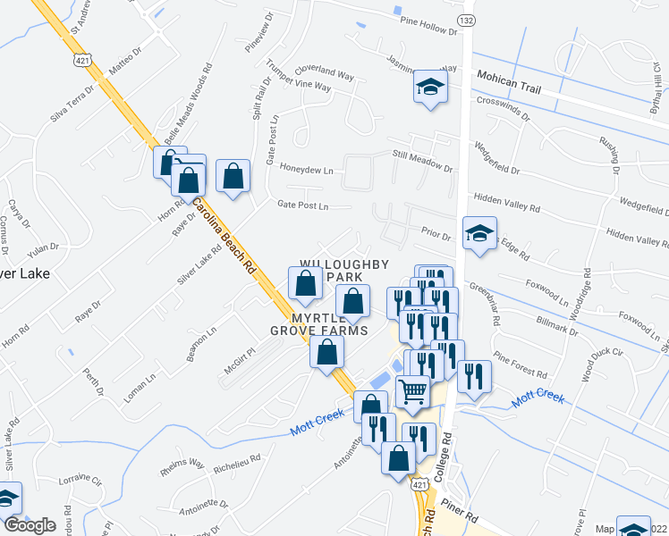 map of restaurants, bars, coffee shops, grocery stores, and more near 1694 Honeybee Lane in Wilmington