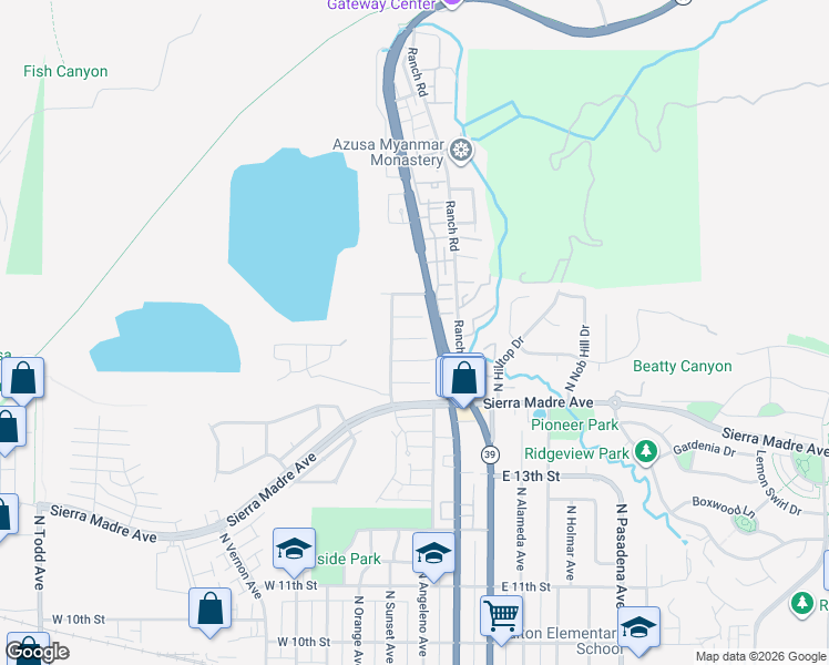 map of restaurants, bars, coffee shops, grocery stores, and more near in Azusa