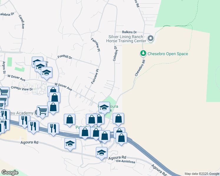 map of restaurants, bars, coffee shops, grocery stores, and more near 5535 Colodny Drive in Agoura Hills