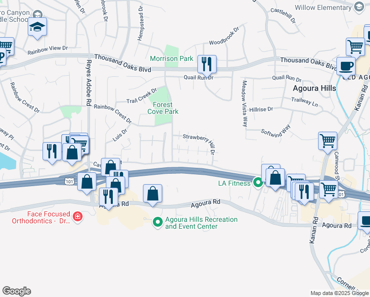 map of restaurants, bars, coffee shops, grocery stores, and more near 29719 Windsong Lane in Agoura Hills