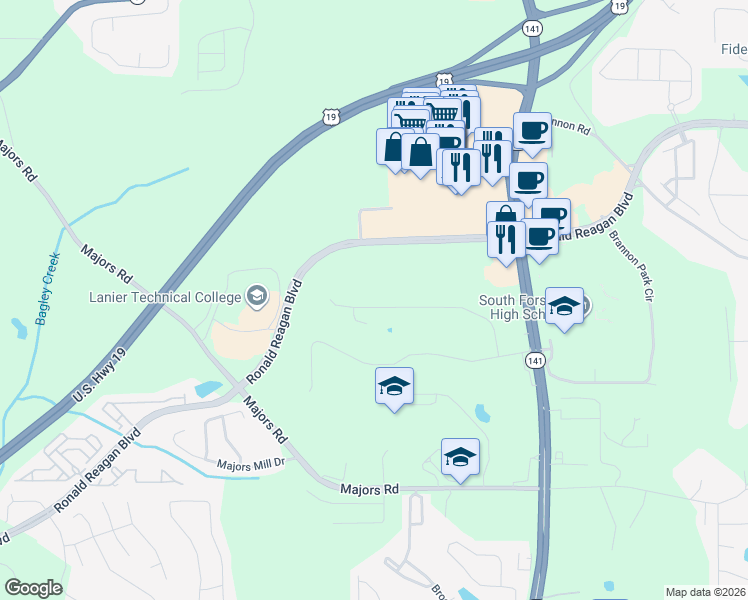 map of restaurants, bars, coffee shops, grocery stores, and more near 940 Grove Valley Drive in Cumming