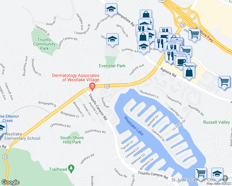 map of restaurants, bars, coffee shops, grocery stores, and more near 1206 South Westlake Boulevard in Westlake Village