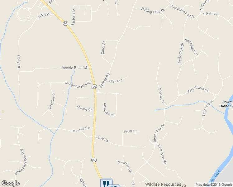 map of restaurants, bars, coffee shops, grocery stores, and more near 3600 Twin Branches Road in Cumming