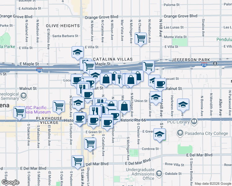map of restaurants, bars, coffee shops, grocery stores, and more near 176 North Wilson Avenue in Pasadena