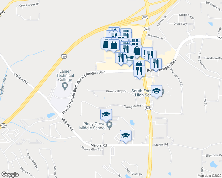 map of restaurants, bars, coffee shops, grocery stores, and more near 850 Grove Valley Drive in Cumming