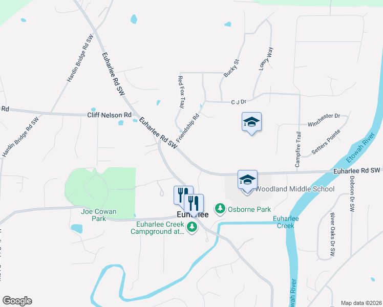 map of restaurants, bars, coffee shops, grocery stores, and more near 1132 Euharlee Road in Kingston