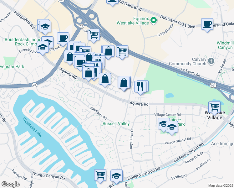 map of restaurants, bars, coffee shops, grocery stores, and more near 2996 Shadow Brook Lane in Westlake Village