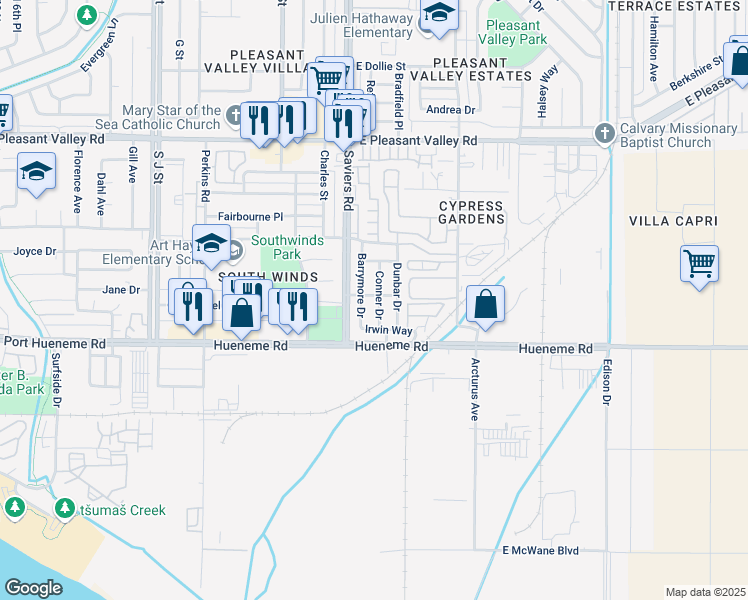 map of restaurants, bars, coffee shops, grocery stores, and more near 5503 Conner Drive in Oxnard