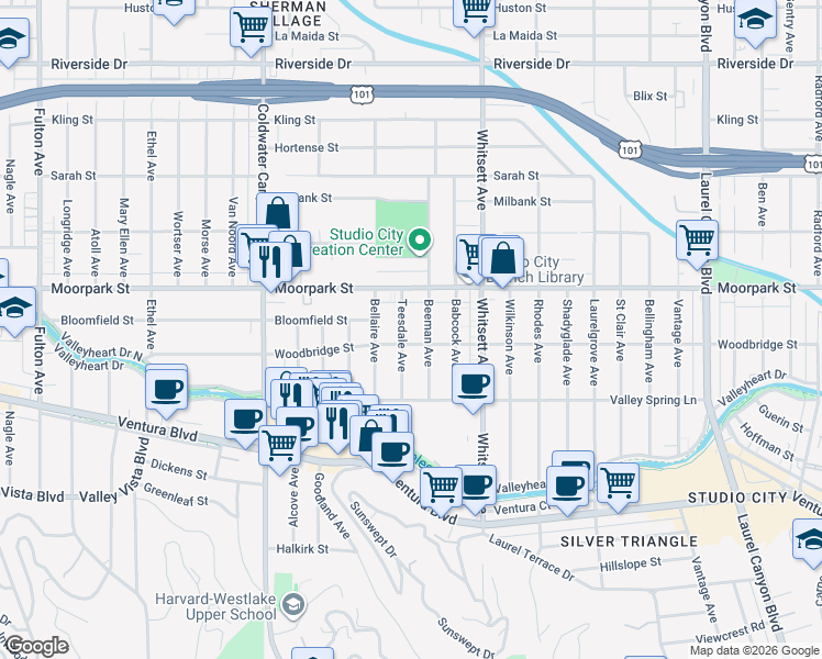 map of restaurants, bars, coffee shops, grocery stores, and more near 4314 Teesdale Avenue in Los Angeles