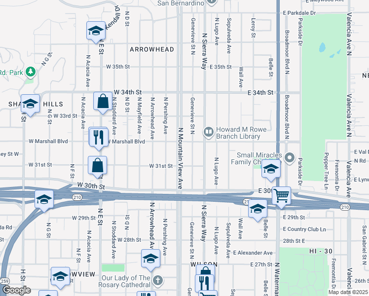 map of restaurants, bars, coffee shops, grocery stores, and more near 3175 North Mountain View Avenue in San Bernardino