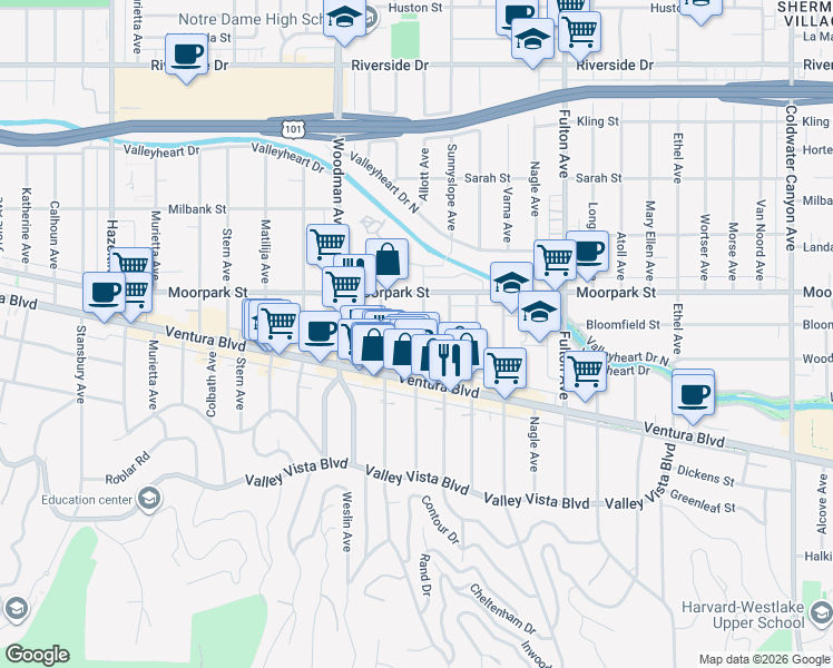 map of restaurants, bars, coffee shops, grocery stores, and more near 4339 Allott Avenue in Los Angeles