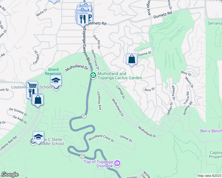 map of restaurants, bars, coffee shops, grocery stores, and more near 21701 Mulholland Drive in Los Angeles